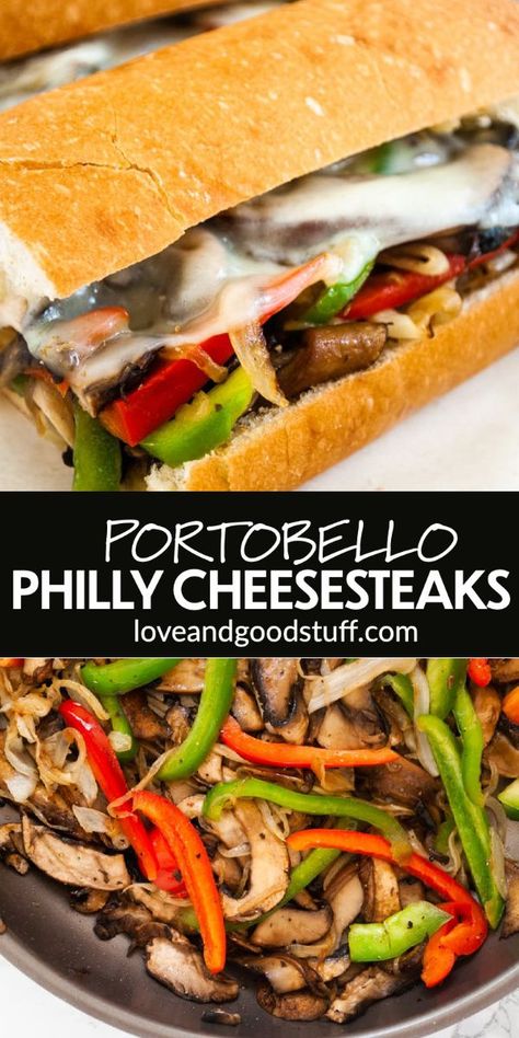 Portobello mushroom Philly cheesesteak sandwiches with caramelized onions and peppers. Topped with provolone cheese and loaded into a garlic butter toasted bun, this vegetarian sandwich is great for lunch or an easy weeknight dinner. Philly Mushroom Cheesesteak, Vegetarian Philly Cheesesteak Mushrooms, Portabella Mushroom Cheesesteak, Philly Cheese Steak Mushrooms, Grilled Portabella Mushroom Sandwich, Veggie Philly Cheesesteak, Mushroom Philly Cheesesteak Vegetarian, Philly Cheese Steak Vegetarian, Vegetarian Philly Cheesesteak