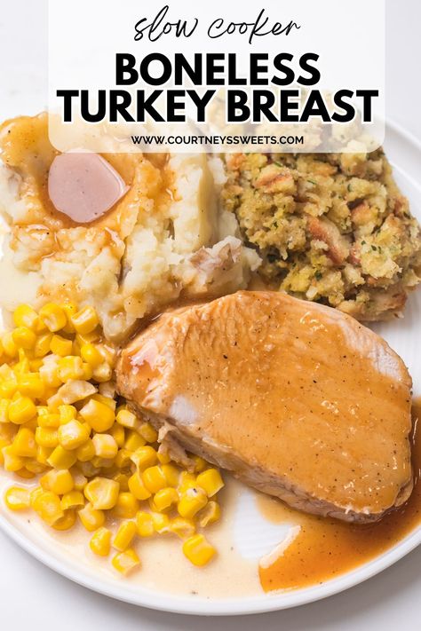 This Slow Cooker Boneless Turkey Breast recipe makes for the most tender and moist turkey! It also makes a delicious gravy, just pair with your favorite sides. Butterball Boneless Turkey Breast, Slow Cooker Boneless Turkey Breast, Boneless Turkey Breast Roast, Cajun Turkey Breast, Turkey Breast Roast, Easy Homemade Gravy, Boneless Turkey Breast, Turkey Breast Crockpot, Cook Turkey