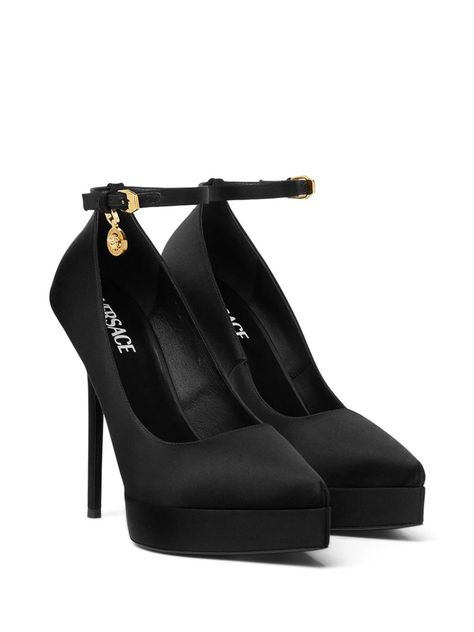 Black Heels Versace, Versace Satin Platform Pumps, Farfetch Heels, Versace Platforms, Versace High Heels, Versace Shoes Women, Heels Versace, Korean Heels, Expensive Heels