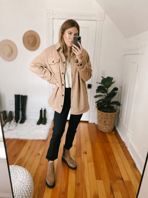 Beige Shacket Outfit Women Winter, Shacket Photoshoot, Cord Shacket Outfit Women, Cream Shirt Jacket Outfit, Womens Shirt Jacket, Tan Shirt Jacket Outfit, Beige Shirt Jacket Outfit, Courdoroy Shacket Outfit, Oatmeal Shacket Outfit