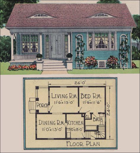 Image detail for -... Builder Magazine - Vintage small house plans - Definitely need to eliminate the walls between dining room/kitchen/livingroom and forget about stairs. maybe higher roof so you could have vaulted ceiling in LR/DR/Kit and have sleeping loft above bdrm/bath. Vintage Small House, American Small House, House Plans Colonial, Vintage Floor Plans, Colonial Cottage, Colonial House Plans, Sims 4 House Plans, Vintage House Plans, Casas The Sims 4