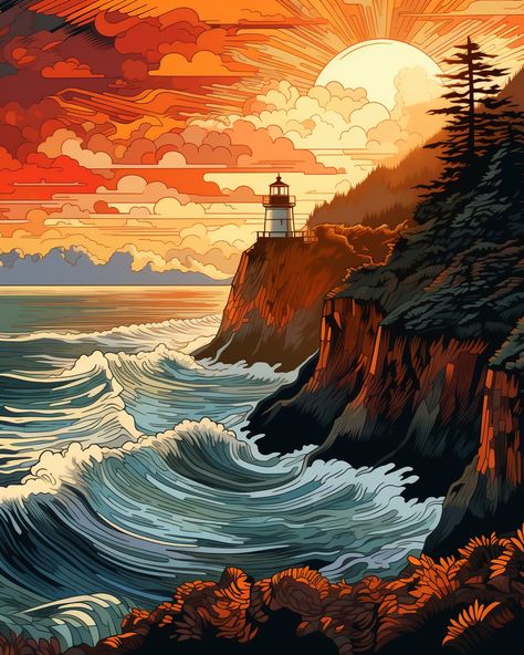 Lighthouse on the edge of a cliff. Sunrise and stormy sea #lighthouse #cliff #sunrise #stormy #seaside Lighthouse On A Cliff, Cliffs Tattoo, Cliff Edge, Sea Cliff, Lighthouse Tattoo, Lighthouse Painting, Stormy Sea, Sea Painting, Pretty Photos