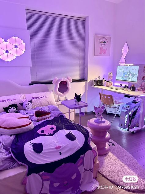 Kuromi Room Decor, Pink Wallpaper Bedroom, Kuromi Room, Sanrio Bedroom, Sanrio Room, Purple Bedroom Decor, Hello Kitty Room Decor, Hello Kitty Bedroom, Dream Bedroom Inspiration