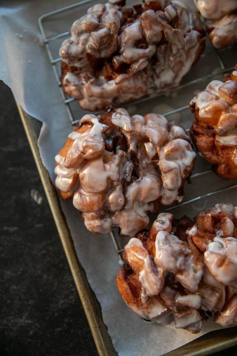 Apple Fritters Apple Fritter Doughnut Recipe, Donut Dough, Apple Doughnut, Savory Puff Pastry, Top Down View, Recipes With Yeast, Donut Shops, Yeast Donuts, Apple Fritter Bread