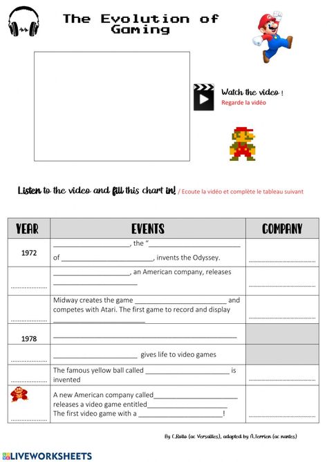 Timeline video games online worksheet for A2. You can do the exercises online or download the worksheet as pdf. Games Worksheet, Timeline Video, Time Quiz, History Of Video Games, The Worksheet, Esl Teaching, Video Games For Kids, School Help, Second Language