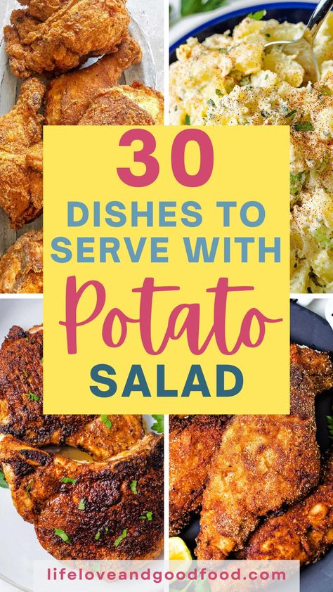 30 Delicious Dishes to Eat with Potato Salad that do not include burgers? Prepare for a feast of flavors that will elevate your potato salad game with the 5 best potato salad recipes, each boasting its unique twist and flavor profile. But that's not all — we've also collected mouthwatering meat dishes and classic side dish recipes that perfectly complement the creamy goodness of a side of potato salad and make for a great meal! Potato Salad Side Dishes, Potato Salad Dinner Ideas, What Goes With Potato Salad, What To Eat With Potato Salad, Patato Salad, Potato Salad Recipes, Healthy Fried Chicken, Best Potato Salad, Best Potato Salad Recipe