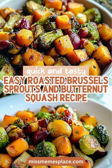 Discover the simplicity of preparing Roasted Brussels and Butternut Symphony, a recipe that highlights the autumn bounty. This easy-to-follow guide shows you how to roast Brussels sprouts and butternut squash to perfection, ensuring each bite is a blend of sweet and savory goodness. With just a few ingredients and minimal prep time, this vegetable medley will shine as a delightful side dish or a standalone meal. Your family and friends will love the Roast Brussels Sprouts, Roasted Squash Recipes, Brussels Sprouts And Butternut Squash, Butternut Squash Recipes Roasted, Roasted Fall Vegetables, Winter Squash Recipes, Butternut Squash Recipe, Cooking Brussel Sprouts, Vegetable Medley