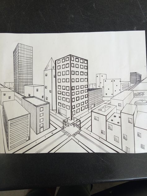 Ainslee Smith 2 point perspective city intersection Simple City Scape Drawing, 2 Point Perspective City, 1 Point Perspective Drawing, Perspective City, 3 Point Perspective, 2 Point Perspective, 1 Point Perspective, Drawing Architecture, Perspective Drawing Architecture