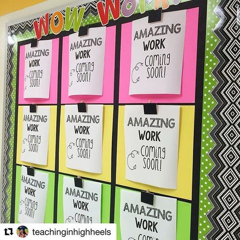 Check out @teachinginhighheels  amazing idea for Open House!! I can't wait to post a "coming soon" sign on our work bulletin board!! @teachinginhighheels with @repostapp ・・・ I've been doing this for the past couple of years. Parents love the anticipation of seeing their child's work displayed and my board doesn't look too plain. Win, win!  How do you display students' work in your classroom? #tptcheckoutmyclassroom Amazing Work Bulletin Board Ideas, Great Work Coming Soon Bulletin Board, K4 Activities, Amazing Work Coming Soon, Student Work Bulletin Board, Neon Classroom, Work Bulletin Boards, Prek Ideas, Lab Ideas