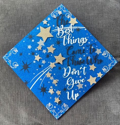 Star Grad Cap Ideas, Graduation Cap Designs Stars, Space Graduation Cap, Blue Grad Cap Ideas, Stars Graduation Cap, Star Graduation Cap, Graduation Sash, Grad Cap Designs, Grad Caps