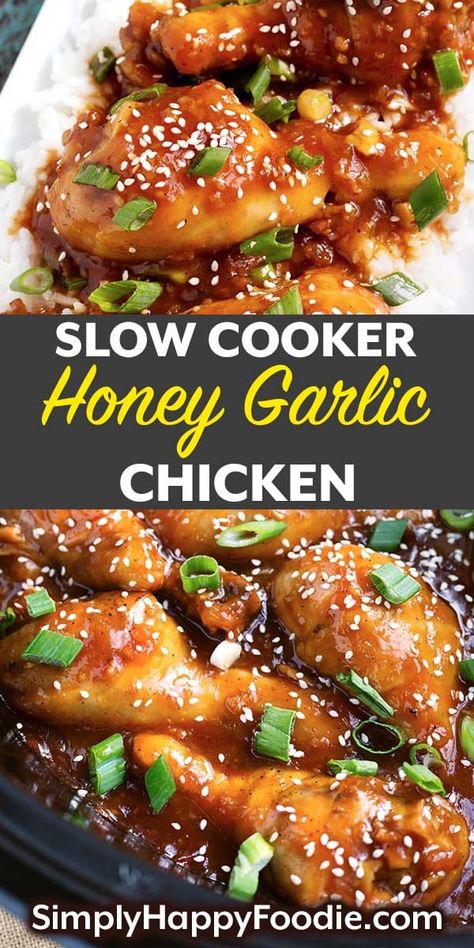 Slow Cooker Honey Garlic Chicken is a sweet and savory Asian inspired chicken recipe. This delicious slow cooker chicken recipe has lots of honey and garlic, as well as other yummy ingredients. This crock pot honey garlic chicken recipe is done in just a few hours! simplyhappyfoodie.com Honey Garlic Chicken Crock Pot, Asian Inspired Chicken, Crock Pot Honey Garlic Chicken, Slow Cooker Kip, Slow Cooker Chicken Recipe, Slow Cooker Honey Garlic Chicken, Honey And Garlic, Simply Happy Foodie, Chicken Crockpot Recipes Easy