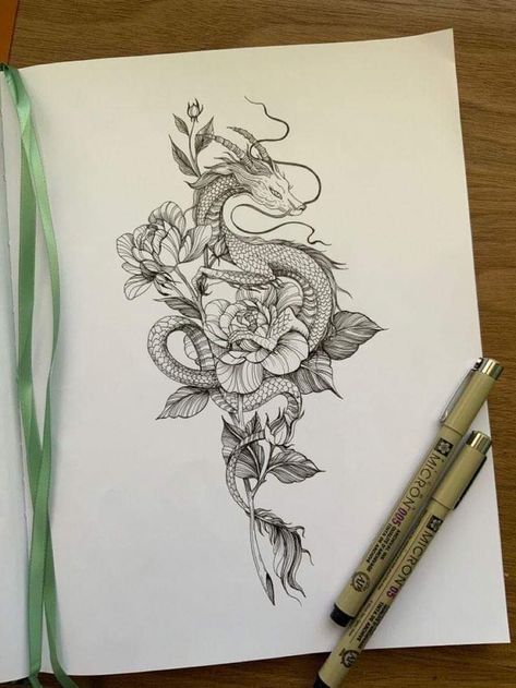 Dragon Tattoo With Flowers, Dragon Tattoo Shoulder, Dragon Tattoo Arm, Dragon Tattoo Art, Chinese Dragon Tattoos, Hip Thigh Tattoos, Dragon Tattoo For Women, Japanese Dragon Tattoos, Hip Tattoos Women