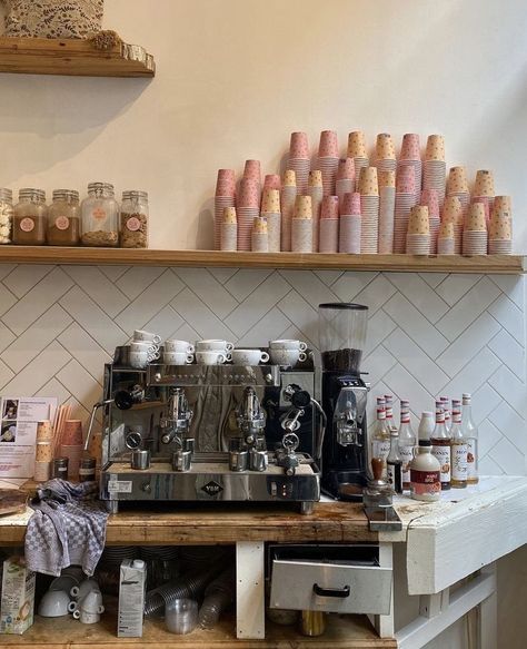 not my pic! café, café aesthetic, bakery, coffee, latte, espresso, espresso machine, pink café, coquette Coffee Truck Aesthetic, Cafe Mugs, Aesthetic Bakery, Café Aesthetic, Opening A Coffee Shop, Pink Cafe, Cute Coffee Shop, Bookstore Cafe, Cozy Coffee Shop