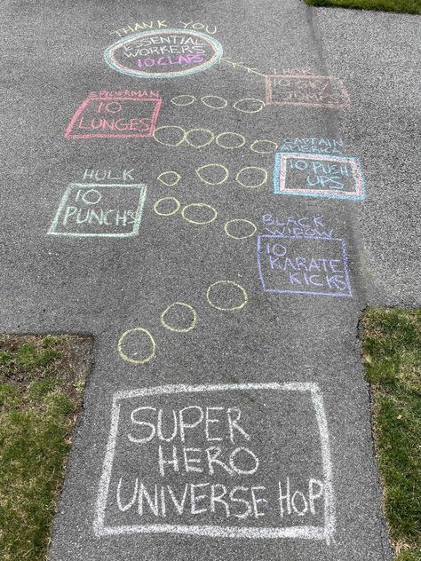 Sidewalk chalk, marvel superheros and some physical activity = fun Super Hero Physical Activities, Superhero Gross Motor Activities, Superhero Chalk Art, Superhero Camp Ideas, Superhero Gym Games, Superhero Summer Camp Ideas, Superhero Summer Camp Activities, Super Hero Week Activities For Kids, Super Hero Camp Ideas