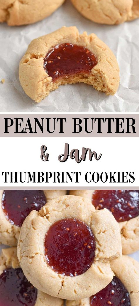 Enjoy the perfect mix of peanut butter and jam in our thumbprint cookies! A soft peanut butter cookie is filled with a sweet, fruity jam center, creating a delightful treat in every bite! This is the perfect twist on the classic cookie! Thumbprint Cookies Peanut Butter, Peanut Butter Jelly Thumbprint Cookies, Peanut Butter Jam Cookies, Peanut Butter And Jam Cookies, Peanut Butter Cookies With Choc Chips, Jam Jam Cookies, Bakes Goods, Peanut Butter And Jelly Cookies, Peanut Butter Jelly Cookies