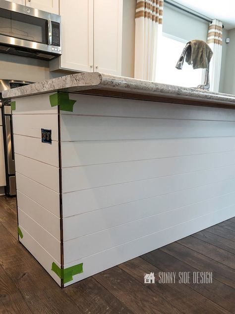 How to Makeover Kitchen Island with Shiplap and Trim Shiplap Wall Kitchen Island, Shiplap Counter Island, How To Update Kitchen Island, Paneling On Kitchen Island, Shiplap On Island In Kitchen, Kitchen Island Shiplap Ideas, Shiplap On Kitchen Island, Kitchen Island With Shiplap, Shiplap Island Kitchen