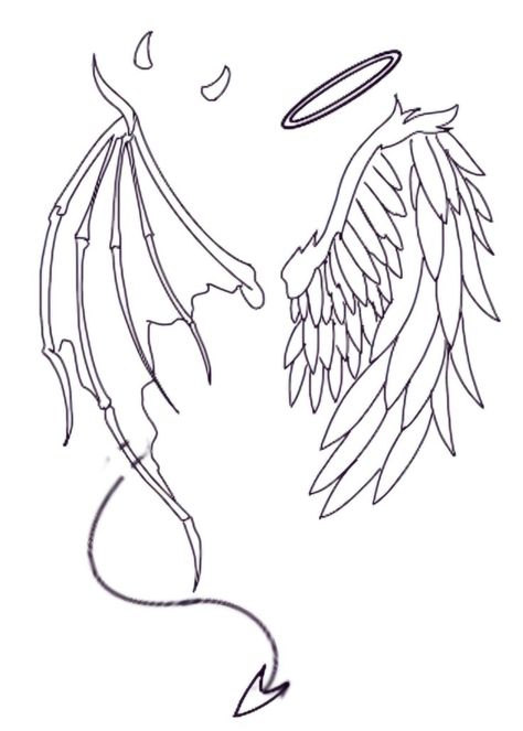 How To Draw A Halo Angel, Dragon Wings Sketch, Angel And Demon Wing Tattoo, Half Angel Half Demon Drawing, Simple Wings Drawing, Angel And Demon Drawing, Devils Wings, Devil Angel Tattoo, Angel And Demon Tattoo