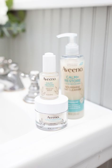 Struggle with dry sensitive skin in the winter and need recommendations for budget-friendly sensitive skin care products? Blogger Stephanie Ziajka reviews the Aveeno Calm and Restore cleanser, Aveeno Calm and Restore serum, and Aveeno Calm and Restore moisturizer in today's post on Diary of a Debutante! Click through to read about her winter skin care routine for sensitive skin! [AD] #aveeno #sensitiveskin #skincare #targetbeauty #winterbeauty Aveeno Sensitive Skin, Aveeno Skin Care Acne, Best Serum For Sensitive Skin, Aveeno Calm And Restore Serum, Aveeno Skin Care Routine, Aveeno Calm And Restore Cleanser, Aveeno Aesthetic, Aveeno Serum, Kids Skin Care Products