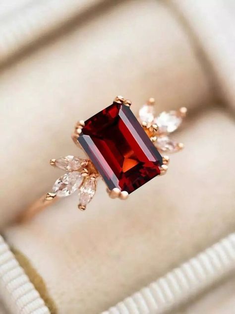 Fancy Engagement Ring 1.90 Ct Emerald Cut Simulated Garnet 14K Rose Gold Finish Emerald Cut Ruby Ring, Single Stone Rings Gold, Engagement Rings Red, Garnet Engagement Rings, Fancy Engagement Rings, Red Gemstone Ring, Garnet Engagement Ring, Single Stone Ring, Flowery Wallpaper