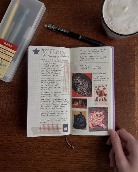 caffeinated cat lover Joan Didion, Louis Wain, Hobonichi Planner, Spiritual Journals, Hobonichi Weeks, Memory Journal, Commonplace Book, Scrapbook Book, Bullet Journal Art