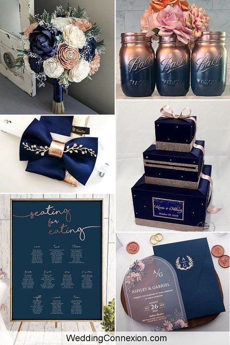 Bring your navy blue and rose gold wedding decor to the next level with creative ideas from WeddingConnexion.com. With a classic feel and modern vibes, a navy blue and rose gold wedding color scheme makes for a dynamic duo. If you’re looking for a timeless and sophisticated wedding look, navy blue and rose gold may be the perfect choice for you. Navy Blue And Rose Gold Balloon Garland, Navy Blue Dusty Rose And Gold Wedding, Wedding Colors Navy Blue And Rose Gold, Navy Blue And Rose Gold Wedding Flowers, Rose Gold And Navy Blue Wedding, Navy Blue And Rose Gold Wedding, Rose Gold And Navy Blue Wedding Theme, Navy Rose Gold Wedding, Navy Blue Rose Gold Wedding