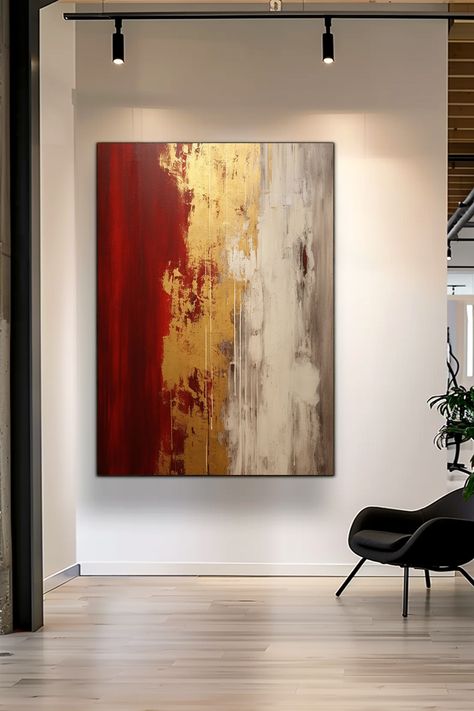 Original handmade abstract painting with deep red, gold, and white tones; textured brushstrokes create a dramatic and luxurious wall art piece Gold Abstract Wall Art, Red Abstract Painting, Abstract Ideas, Modern Art Decor, Gold Paint, Metallic Accents, Abstract Wall, Red And Gold, Art Original