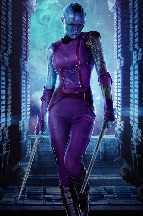 Nebula is a Luphomoid assassin and an adopted daughter of the intergalactic warlord, Thanos. She is also the adopted sister of Gamora. She served as the right-hand woman of Ronan the Accuser during his and Thanos' quest to retrieve the Orb. Raised in the service of the interplanetary warlord, Thanos, Nebula trained to be a Galaxy-Class Killer under the tutelage of Ronan the Accuser. Nebula would often train alongside fellow Thanos devotees Gamora and Korath. Sentry Marvel, Nebula Marvel, Film Marvel, Galaxy Movie, Villain Character, Galaxy Poster, Karen Gillan, Vin Diesel, Ms Marvel