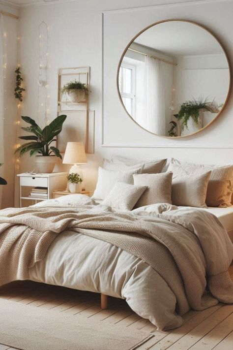 "Transform your bedroom into a cozy retreat with these stylish and inspiring bedroom ideas! From modern minimalist designs to rustic farmhouse charm, discover bedroom decor, furniture, color palettes, and layouts that suit every taste. Whether you’re looking for a soothing sanctuary with soft neutrals or a bold, vibrant space, find tips for optimizing your bedroom’s functionality and aesthetic. Explore creative ways to arrange your bed, add statement lighting, and incorporate chic accessories for a look that’s both relaxing and stylish. #BedroomDecor #HomeStyle #BedroomInspiration #InteriorDesign" Bed Asthetic Picture, Cozy Bedroom Lighting Ideas, White Beige Bedroom, Above Bed Mirror, Warm Lighting Bedroom, Mirror Above Bed, White And Beige Bedroom, Throw Pillows And Blankets, Cozy Bedroom Lighting