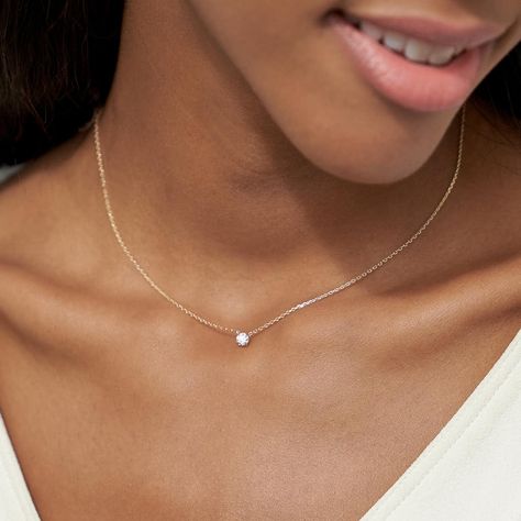 Solitaire Diamond Necklace | Sustainably created diamonds | VRAI Tiny Diamond Necklace, Single Diamond Necklace, Solitaire Diamond Necklace, Necklace Casual, Floating Diamond Necklace, Solitaire Necklace, Solid Gold Necklace, Diamond Solitaire Necklace, Snake Necklace