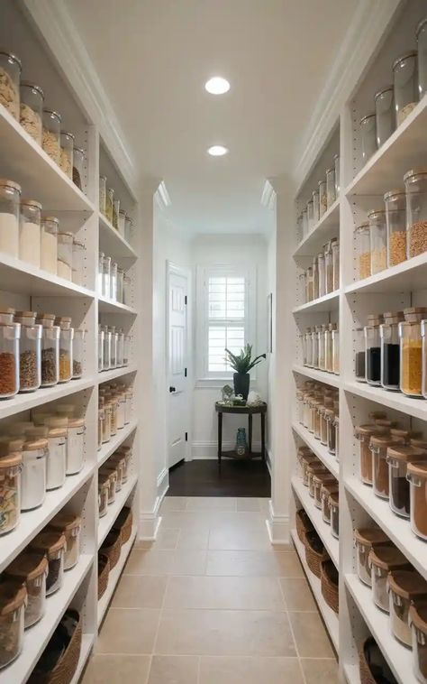 25 Stylish Walk-In Pantry Ideas for Maximum Storage Space L Shaped Walk In Pantry, Narrow Walk In Pantry, Pax Pantry, Dream Pantry Walk In Luxury, Modern Pantry Design, Dream Pantry Walk In, Pantry With Fridge, Walk Through Pantry, Luxury Pantry