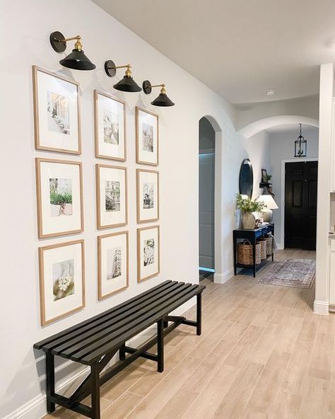 Hallway Photo Gallery, Family Photos Wall Decor, Gallary Wall, Entryway Gallery Wall, Townhome Decorating, Entry Way Decor, Hallway Gallery Wall, Family Gallery Wall, Apartment Entryway