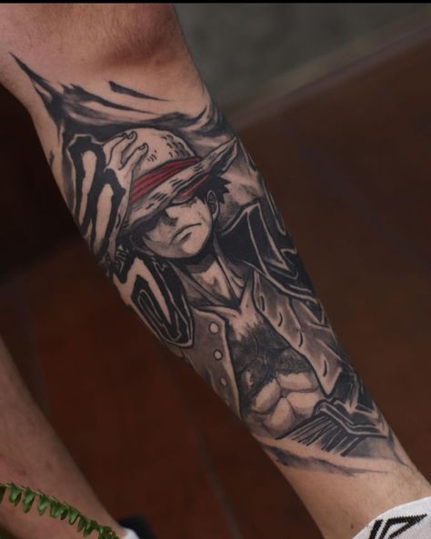 One Piece Forearm Tattoo, Tato Luffy, Shanks Tattoos, Best Leg Tattoo Men Design, Anime Forearm Tattoo, Anime Sleeve Tattoo, Luffy Tattoo Ideas, Tattoos God, Luffy Tattoo