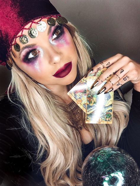 Tarot Teller Costume, Dark Fortune Teller Costume, Fortune Teller Outfit Diy, Scary Fortune Teller Makeup, Fortune Teller Halloween Makeup, Psychic Costume Halloween, Fortune Teller Couple Costume, Romani Makeup, Psychic Halloween Costume