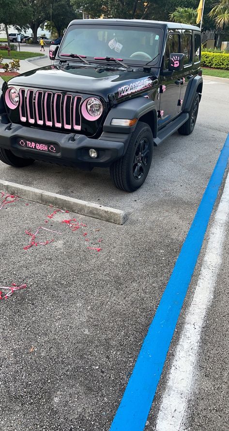 Black Jeep Wrangler Accent Colors, Black Jeep Wrangler Pink Interior, Black Jeep Wrangler With Pink Accents, Black Car With Pink Accents, Black And Pink Jeep, Blacked Out Jeep Wrangler, Pink Jeep Accessories, New Car Picture, Black Jeep Wrangler