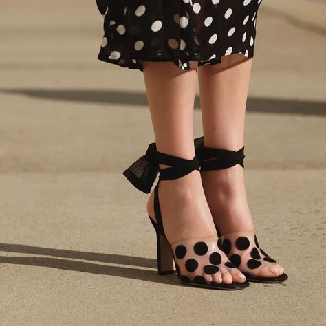 Transparently chic in the CARO wrap-and-tie sandal in PVC with Black suede polka-dots #PaulAndrew Polka Dot Heels, Trendy Heels, Ankle Wrap Sandals, Gorgeous Shoes, Hot Shoes, Fabulous Shoes, Pretty Shoes, Shoe Lover, Shoe Style