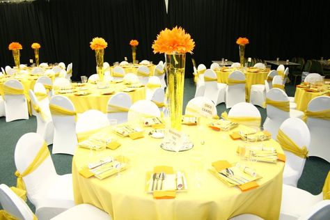 Orange and yellow Orange And Yellow Party, Yellow Party Decor, School Restaurant, Yellow Party, Yellow Birthday, Gold Backdrop, Yellow Table, Decorating Inspiration, Orange And Yellow