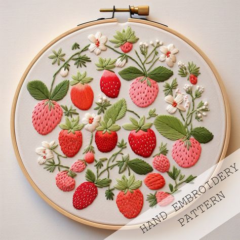 Cute Embroidery Strawberry, Strawberry Embroidery Tutorial, Strawberry Embroidery Pattern, Strawberries Embroidery, Everyday Embroidery, Strawberry Applique, Kitchen Embroidery Designs, Kitchen Embroidery, Strawberry Embroidery