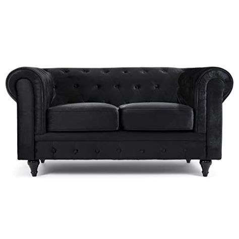 Bravich Velvet Chesterfield Sofa- Black. 2 Seater Settee, Soft Plush Fabric Couch. Living Room Furniture, Easy Clean. 2 Seater- 160cm x 90cm x 78cm Velvet Vintage Couch, Fabric Couch Living Room, Black Chesterfield Sofa, Velvet Chesterfield, Velvet Chesterfield Sofa, Fabric Couch, Vintage Couch, Couch Living Room, Sofa Black