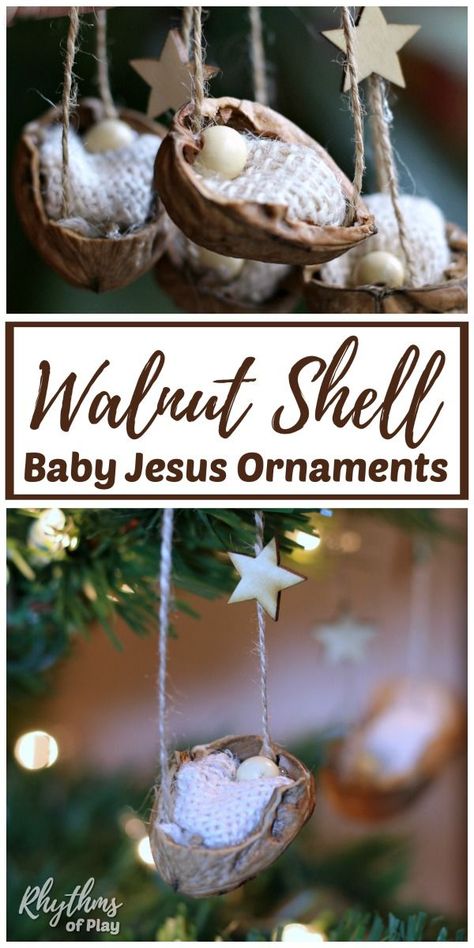 Jesus Christmas Ornaments, Manger Christmas, Baby Jesus Ornament, Diy Nativity, Baby Christmas Ornaments, Diy Christmas Ornament, Jesus Christmas, Christmas Jesus, Walnut Shell