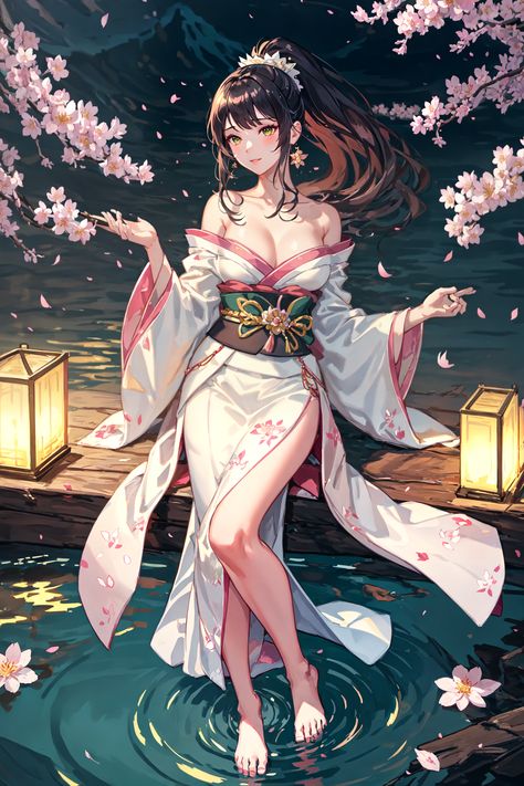 "Embrace the serene beauty of a twilight realm with our digital painting pin, featuring a graceful woman adorned in a cherry blossom kimono. Under the glow of lanterns and a full moon, discover a scene of ethereal elegance and tranquil majesty. Perfect for lovers of art and serenity." Anime Female Kimono, Kimono Woman Art, Oiran Kimono Anime, Woman In Kimono Drawing, Cherry Blossom Kimono, Twilight Realm, Graceful Woman, Japanese Woman Kimono Anime, Enchanted Characters