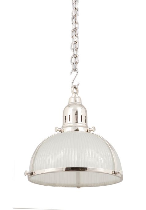 Capture the nostalgia of 50's industrial America with our classic Donovan Pendant fashioned from ribbed glass and nickel.  Ideal above a casual dining table or repeated above an island kitchen bench. Industrial Style Pendant Lights, Hamptons Beach House, Cafe Lighting, Casual Dining Table, Hamptons Beach, Hamptons Decor, Glass Candelabra, Kitchen Bench, Cafe Lights