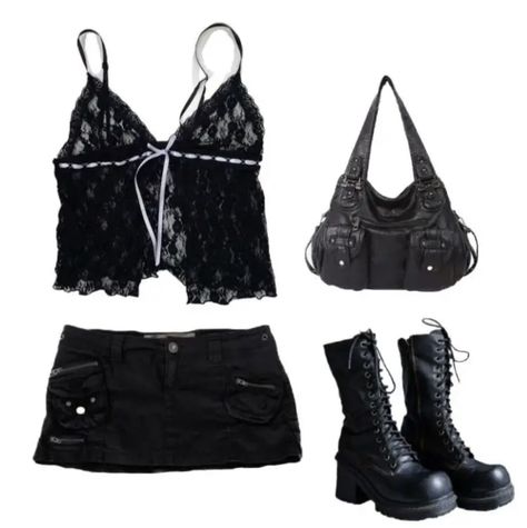 Dark Y2k Outfits, Black Casual Outfit, Casual Outfit Idea, Alt Outfits, Dark Cottagecore, Miniskirt Outfits, 2000s Fashion Outfits, Outfit Trends, Swaggy Outfits