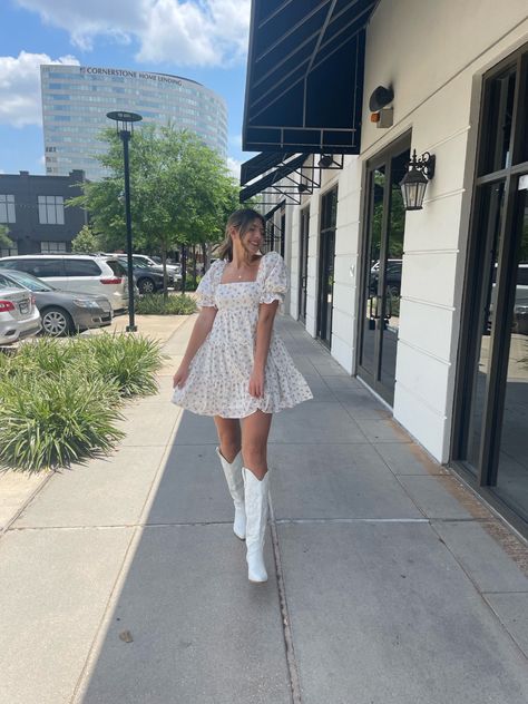 Country Graduation Dress Cowgirl Boots, Princess Polly White Boots, White Dress And White Boots, Boots With Hoco Dress, White Western Boots Dress, White Knee High Cowgirl Boots Outfit, White Boots With Dress Outfit, Birthday Outfit With Cowgirl Boots, Country White Dress With Boots