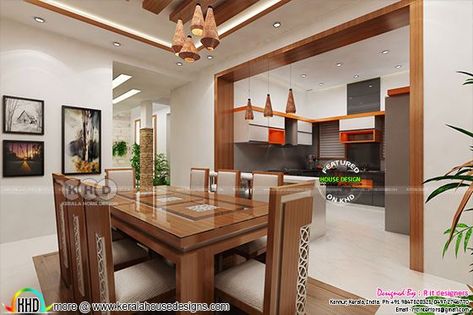 Dining with open kitchen and living room Living Room Kerala, Floor Interior Design, Sloping Roof, Open Kitchen And Living Room, Interior Ceiling Design, Roof House, Architecture Magazine, Pop Ceiling Design, Hall Interior Design