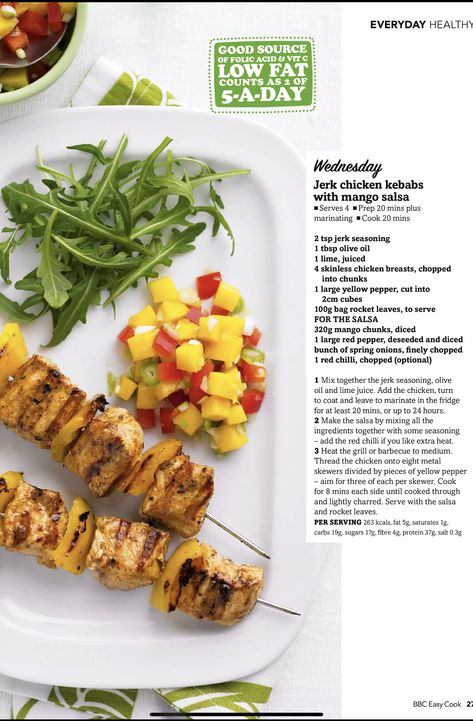 Jerk chicken kebabs with mango salsa Rocket Leaves, Mango Chunks, Jerk Seasoning, Chicken Kebabs, Yellow Pepper, Jerk Chicken, Mango Salsa, Kebabs, Red Chilli