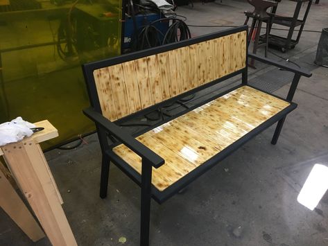 Bench I made from 1.5” by 1.5” square tubing with wood insert. Square Tube Furniture, Square Tubing Projects, Wood Insert, House Crafts, Garden Bench, Welding Projects, Cool Furniture, Diy Ideas, Century Modern