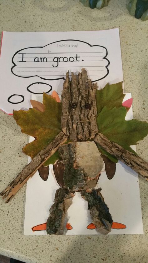 Disguise a Turkey project. I am Groot. Materials from your backyard! Kids Thanksgiving Art, Kids Thanksgiving Art Projects, Disguise A Turkey Project, Turkey Art Projects, Thanksgiving Art Projects, Disguise A Turkey, Turkey Activity, Turkey Disguise Project, Turkey Project