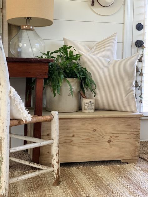 Bleaching Wood Furniture: A Little Chest - MY WEATHERED HOME How To Decorate Top Of Hope Chest, Blanket Chest Decor, Hope Chest Styling, Chest Furniture Ideas, Wooden Toy Chest Makeover, Painted Wooden Blanket Chest, Chest Decor Living Room, Hope Chest Decorating Ideas, Cedar Chest Decor Ideas