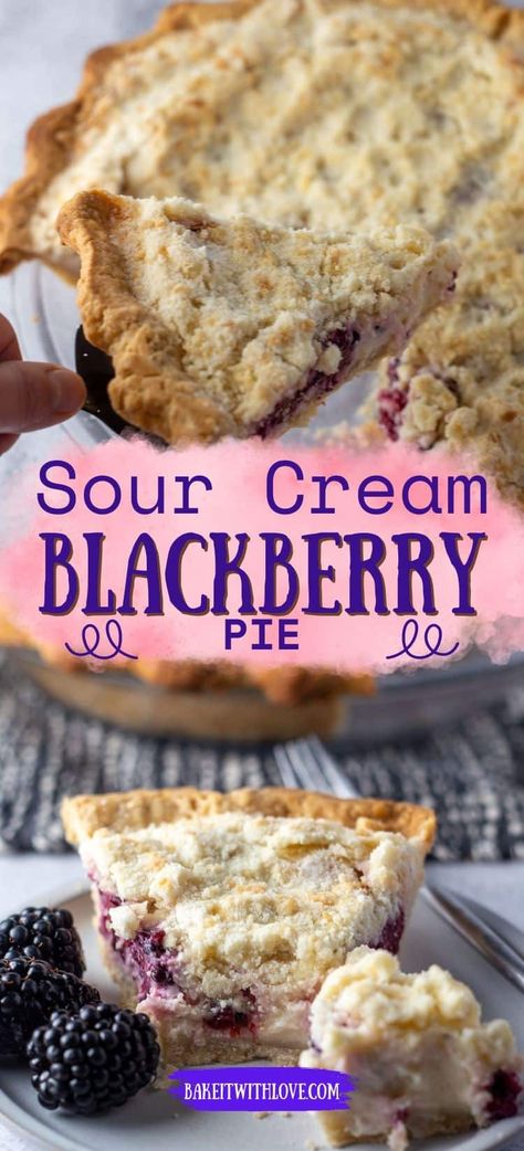 My sour cream blackberry pie features a flaky crust, sweet blackberry filling, and an irresistibly delicious streusel topping! It is easy to make and ready to enjoy in under an hour! Not to mention, it freezes incredibly well, so go ahead and make 2 pies so you can save one for later! BakeItWithLove.com Sour Cream Pie, Blackberry Pie, Chocolate Peanut Butter Pie, Homemade Snickers, Refrigerated Pie Crust, Cream Pie Recipes, Flaky Pie Crust, Easy No Bake Desserts, Fruit Pie