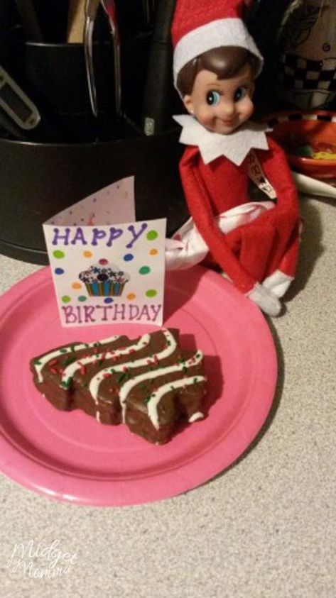 Elf On The Shelf Happy Birthday, Elf On The Shelf Happy Birthday Ideas, Elf Tricks, Elf On The Shelves, Elf Birthday, Tree Shelves, Birthday Elf, Office Pranks, Elf Shelf